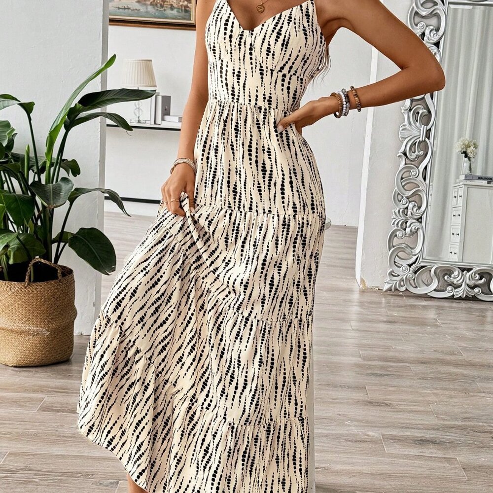Apricot Boho Women's Belted Spaghetti Strap Patchwork Dress - Picture 6 of 6